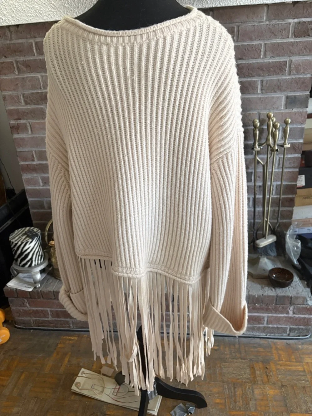 Beige Fringe Rib-Knit Women's Sweater - Picture 2 of 4
